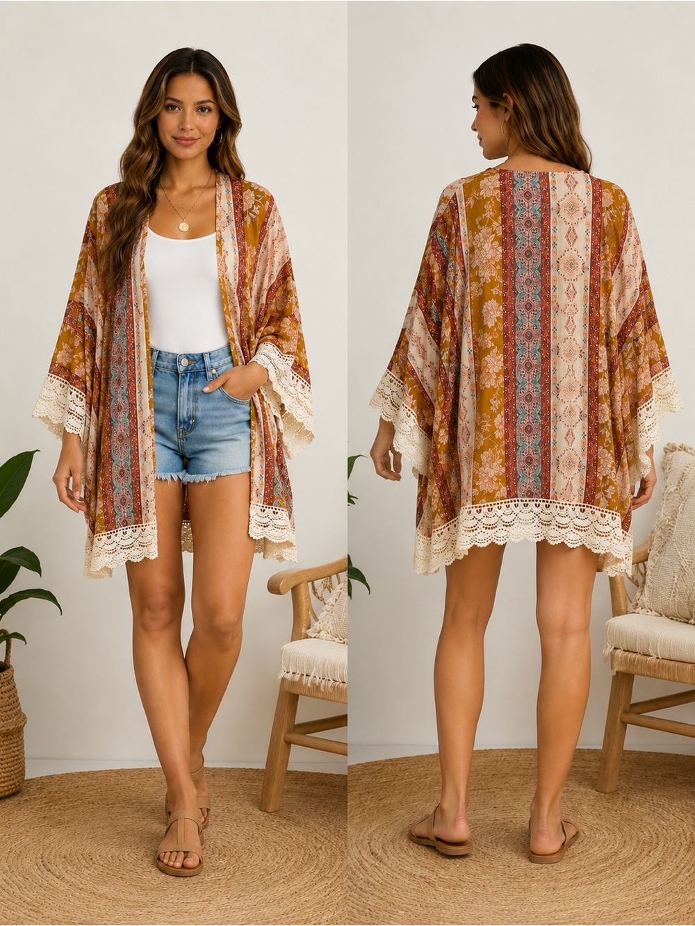 Jolt Multicolor Boho Cardigan with Pink Trim